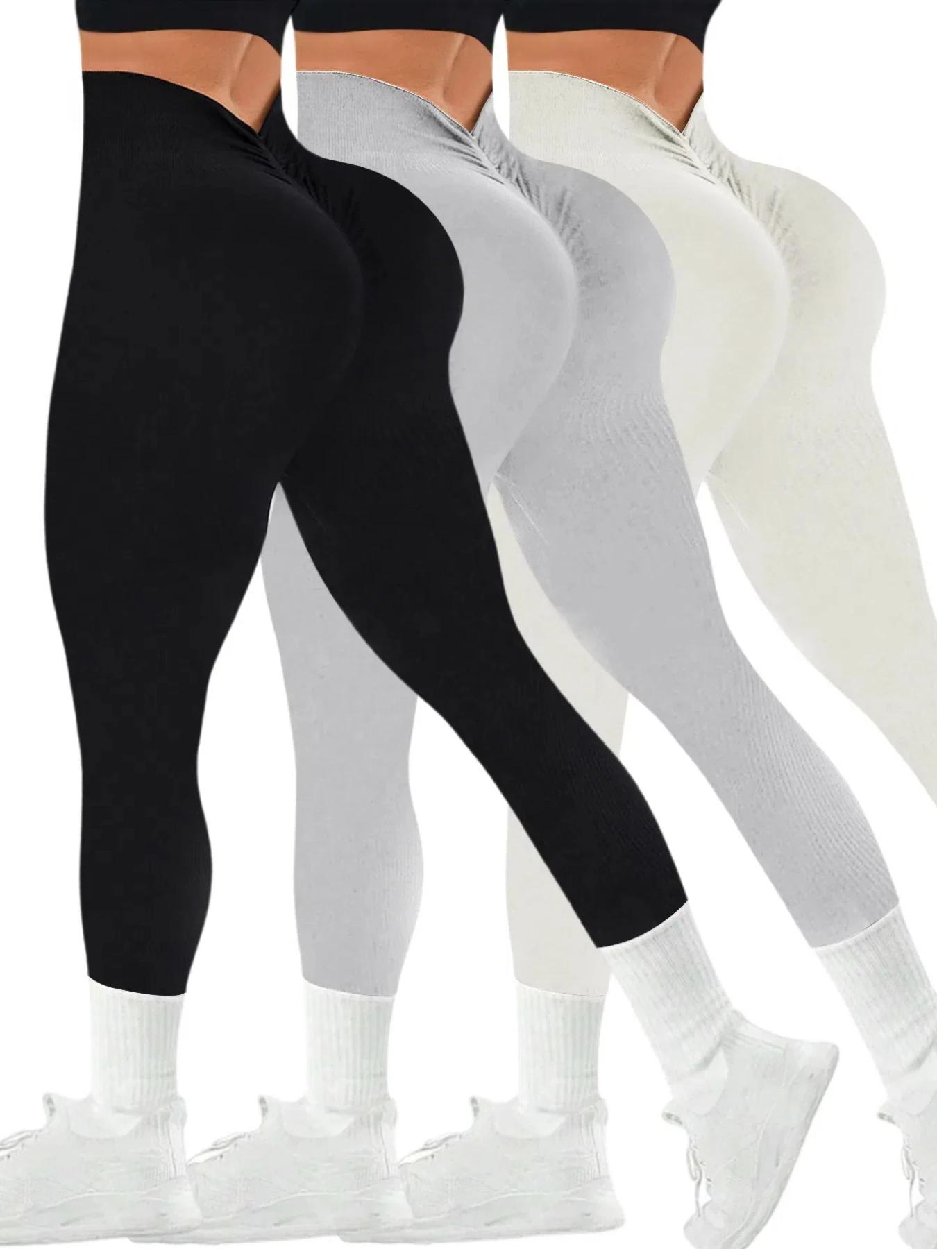 Pantalon de Yoga sans couture, couleur unie, dos en V, taille haute, tricoté côtelé, haute élasticit