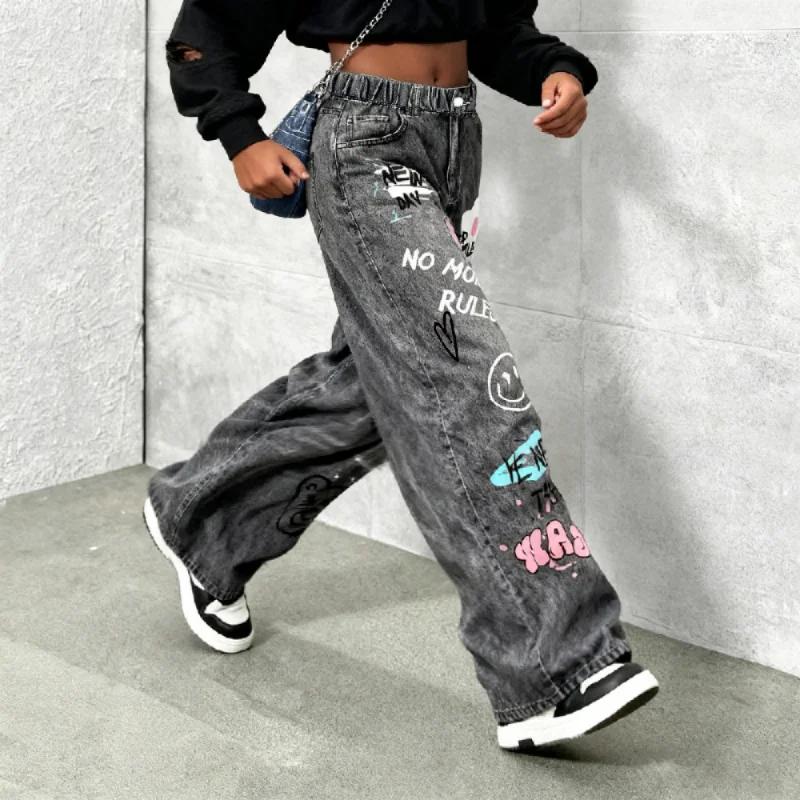 Faux jean à jambes larges imprimé graffiti de dessin animé Y2K pour filles – Faux jean coupe ample à