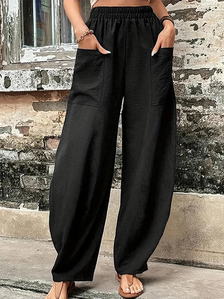 Pantalons Harem en Coton-Lin pour Femmes Grande Taille Pantalons Décontractés à Coupe Ample Rétro Ta