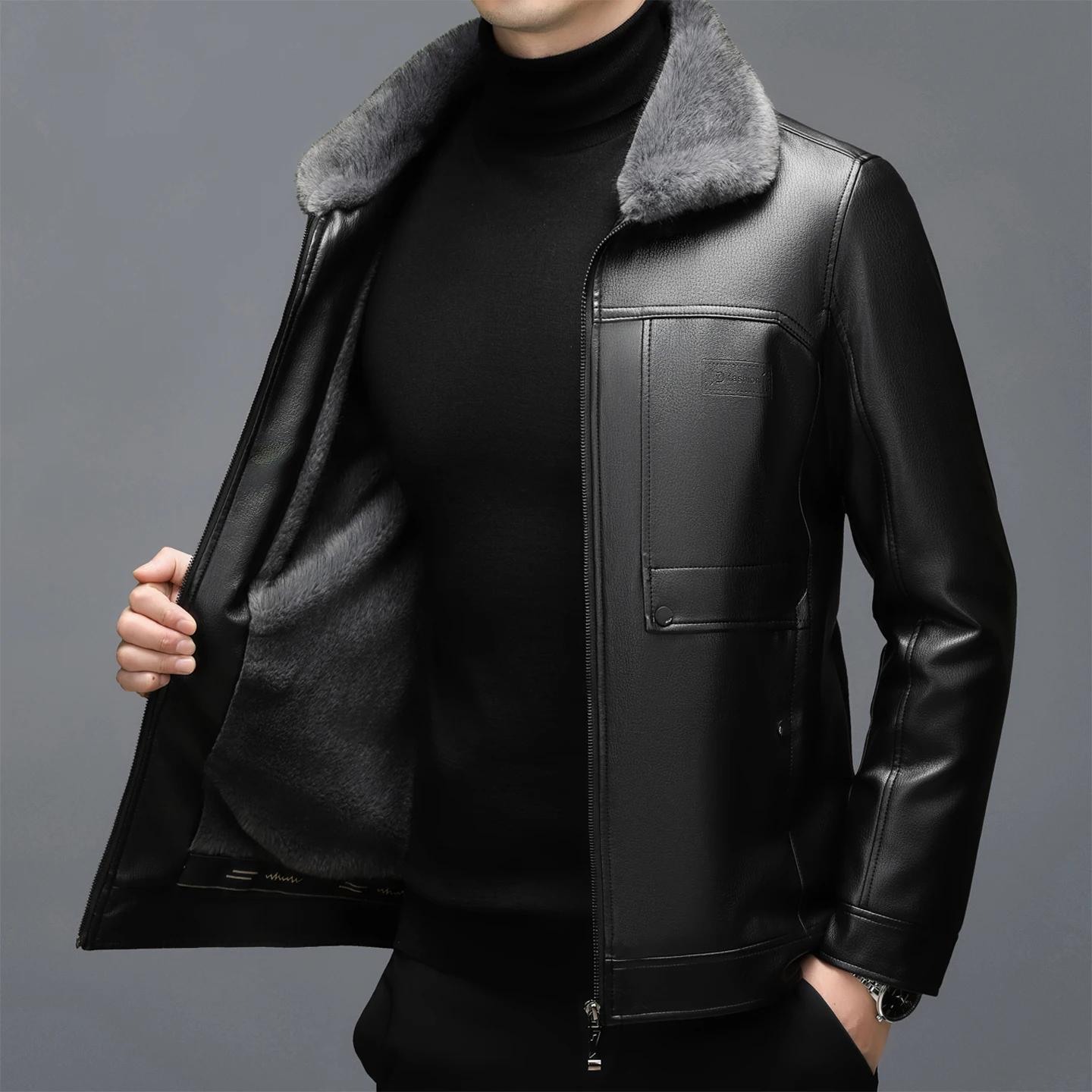 Manteau en cuir véritable pour hommes, avec fourrure, col une pièce, peau de mouton, haut court, épa