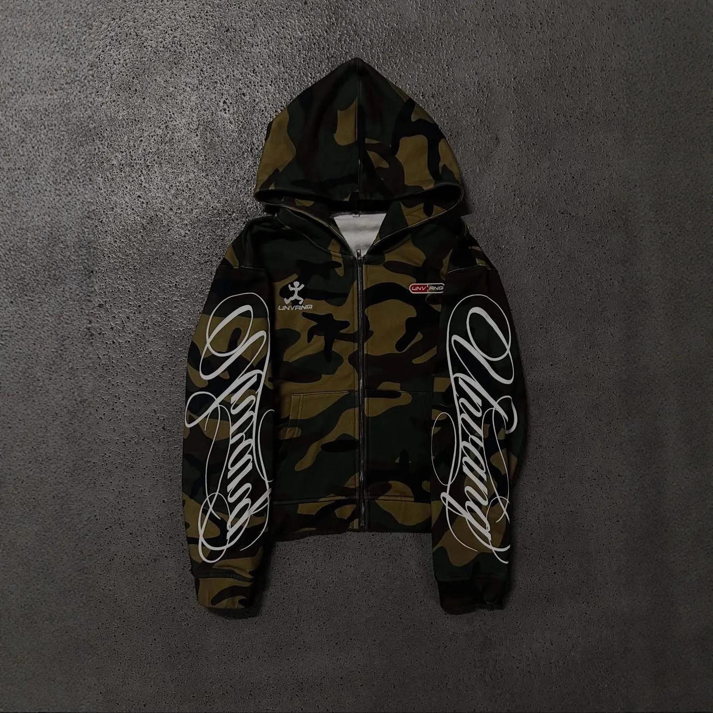 Sweat-shirt à capuche avec fermeture éclair pour hommes et femmes, mode streetwear, broderie camoufl