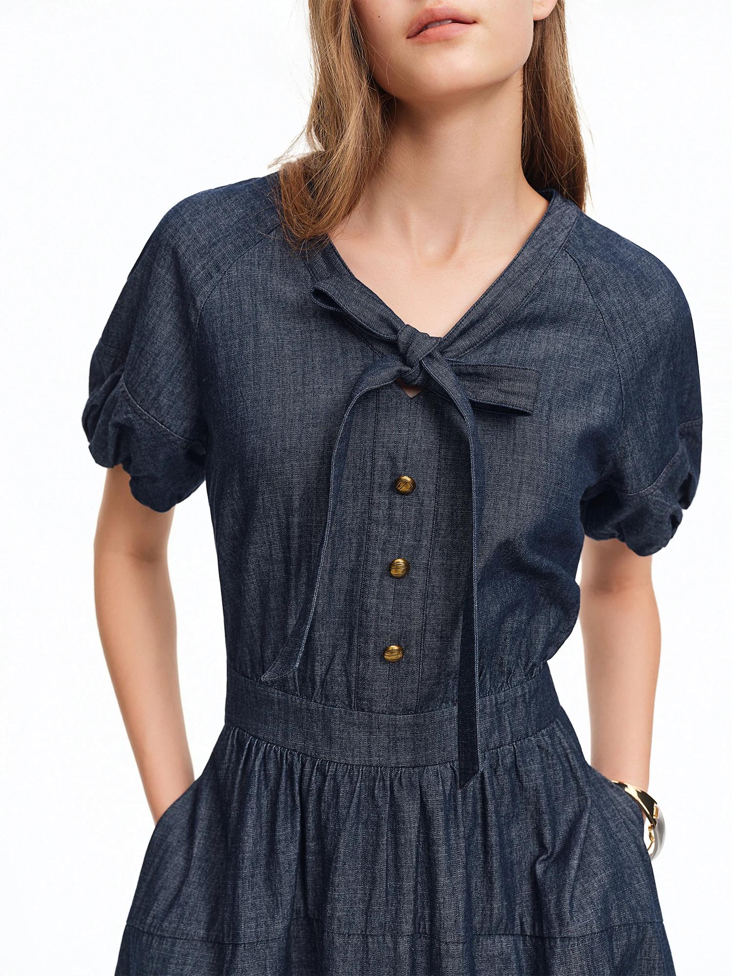 Robe longue DUSHU bleu marine à col en V et bretelles en jean, nouvelle collection été 2026, élégant