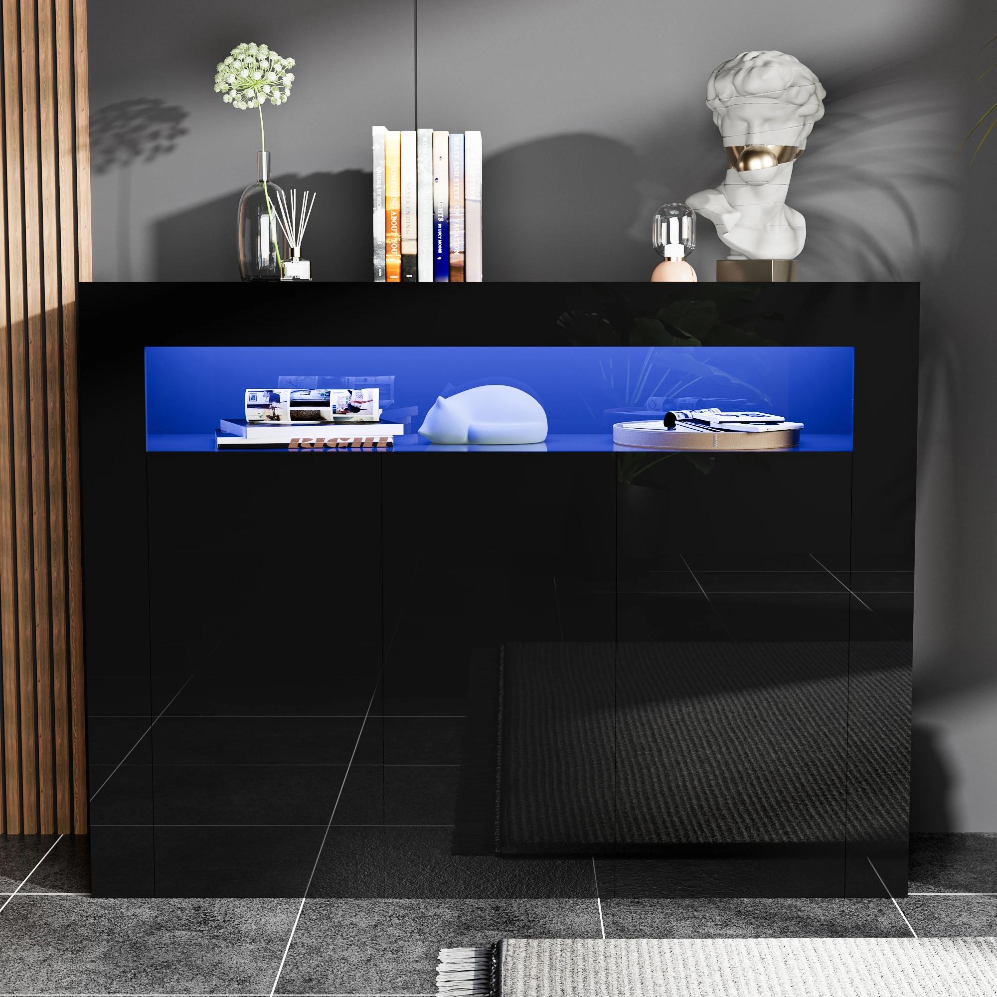 Armoire de rangement moderne avec lumières LED, buffet haute brillance, étagère réglable, 3 portes