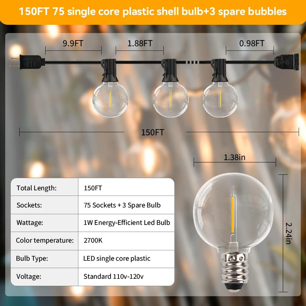 Guirxiété lumineuse LED avec ampoule rétro, 150 pieds, G40, nickel é, connectable, Noël, jardin, déc