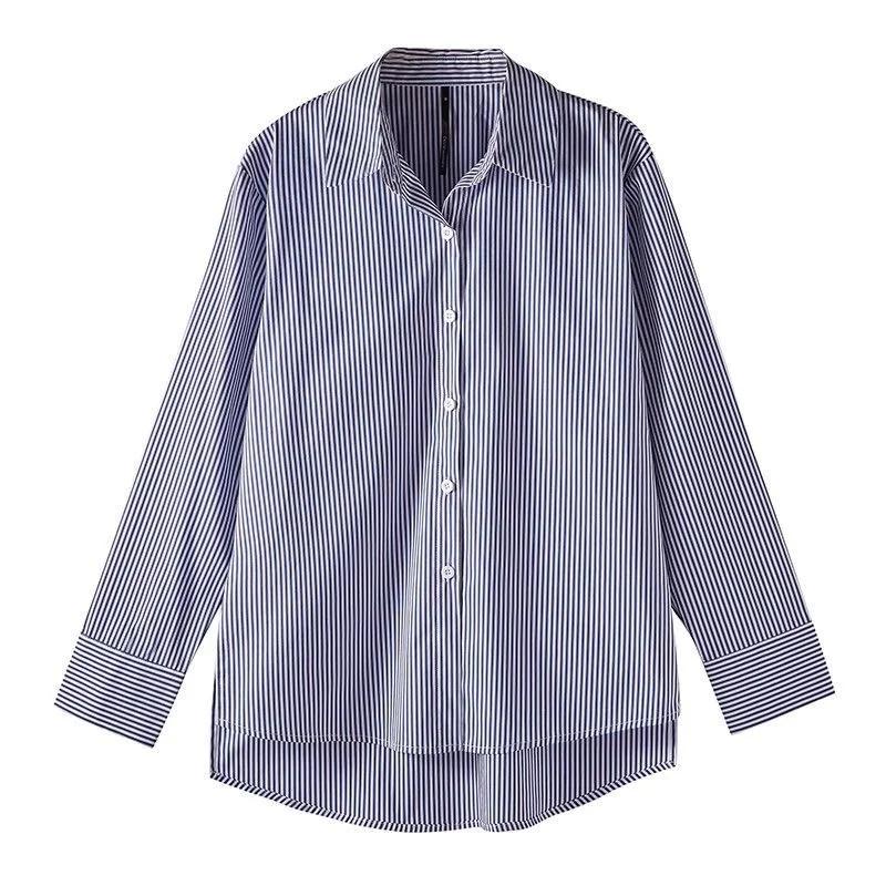 Classique rayé femme printemps automne Blouses chemise dame longue lanterne manches col montant lâch