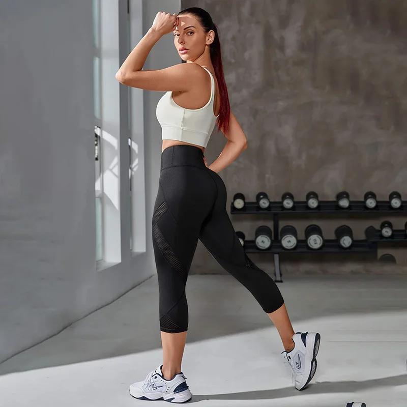 Pantalon Yoga Taille Haute Maille Femmes - Leggings Capri Contrôle Ventre Entraînement Fitness
