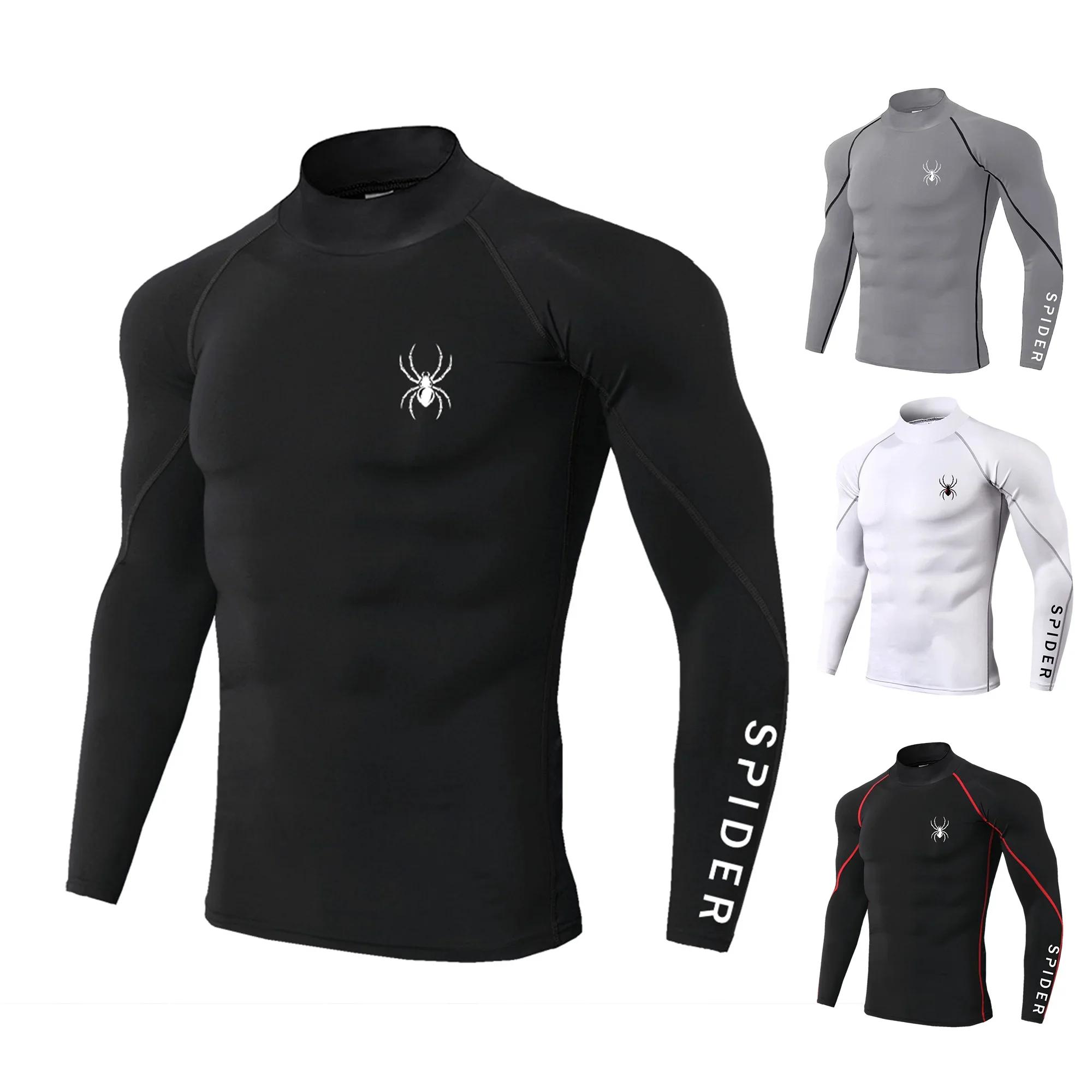 T-shirts de course à manches longues pour hommes, chemises de Sport à Compression, impression araign
