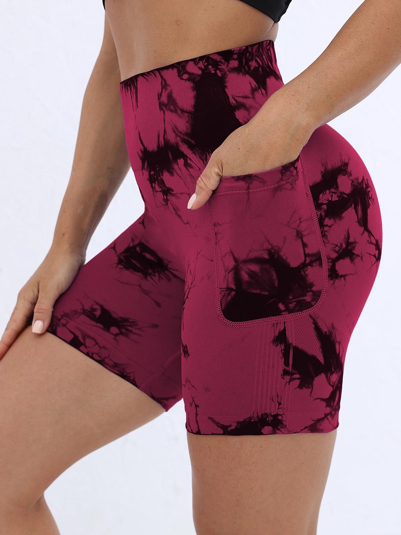 Short d'entraînement Tie Dye pour femmes avec poches, froissé, levage des fesses, taille haute, Yoga