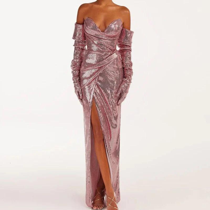 Robe de soirée sans bretelles à paillettes de couleur rose avec une fente sur les cuisses, robe long