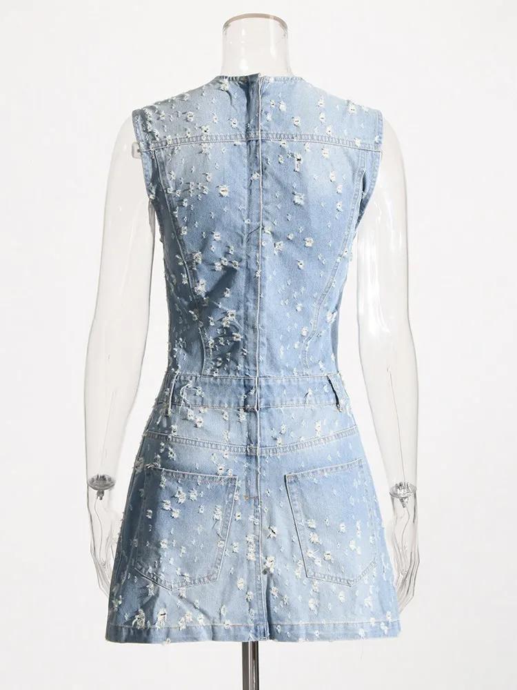 DEUX DEUX STYLE Denim évider robes pour femmes col rond sans manches tunique Patchwork poches Vintag