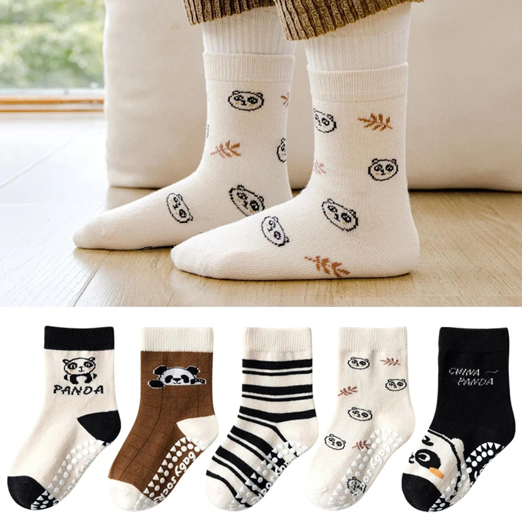 5 paires de chaussettes antidérapantes en coton pour enfants, chaussettes de sol à fleurs de dessin