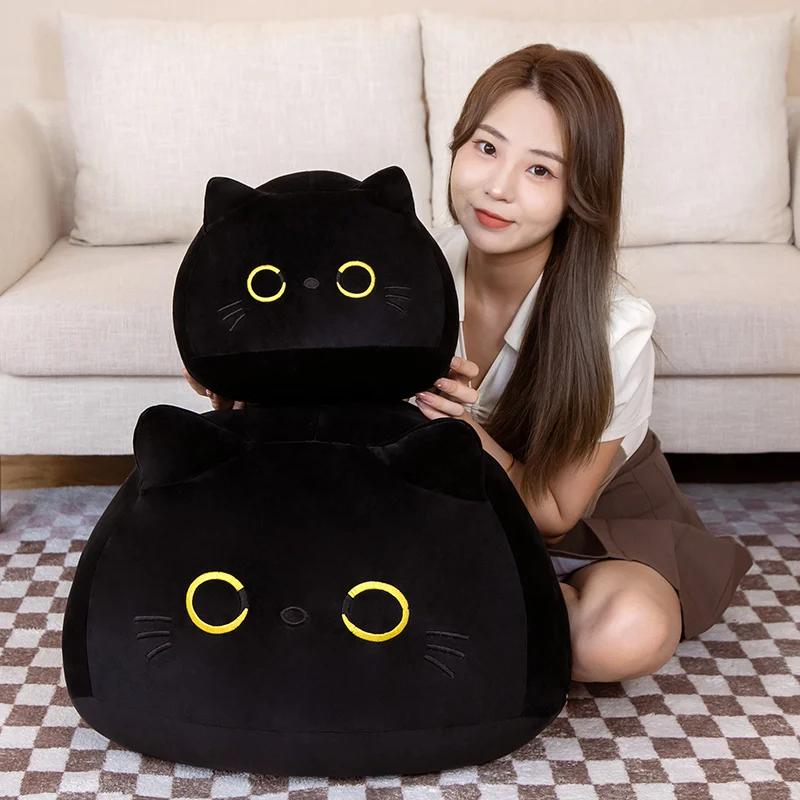 Oreiller rond en peluche de chat noir de grande taille 9-70cm, Kawaii, jouets de couchage, poupées d