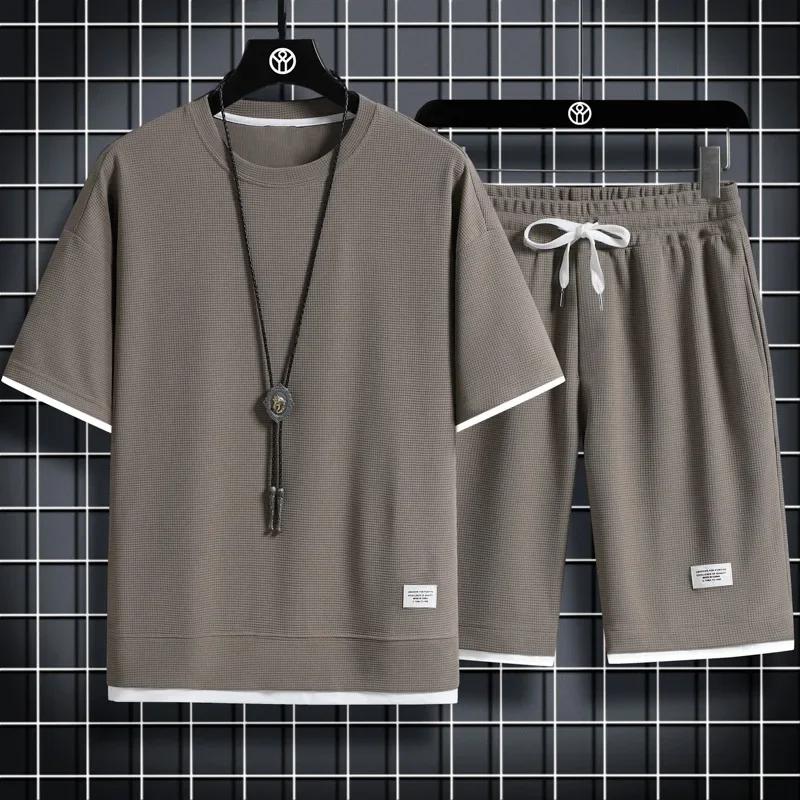 Ensemble de sport d'été pour hommes, T-Shirt + Short décontracté, couleur unie gaufrée, Short à manc