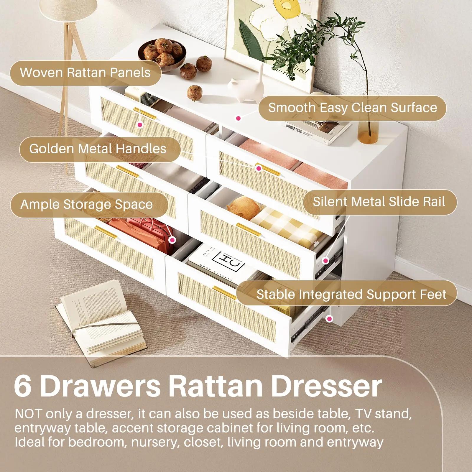 REDLIFE-Commode en rotin 47.24 "avec 6 portes, commode moderne, rangement en bois avec Golden Foy po