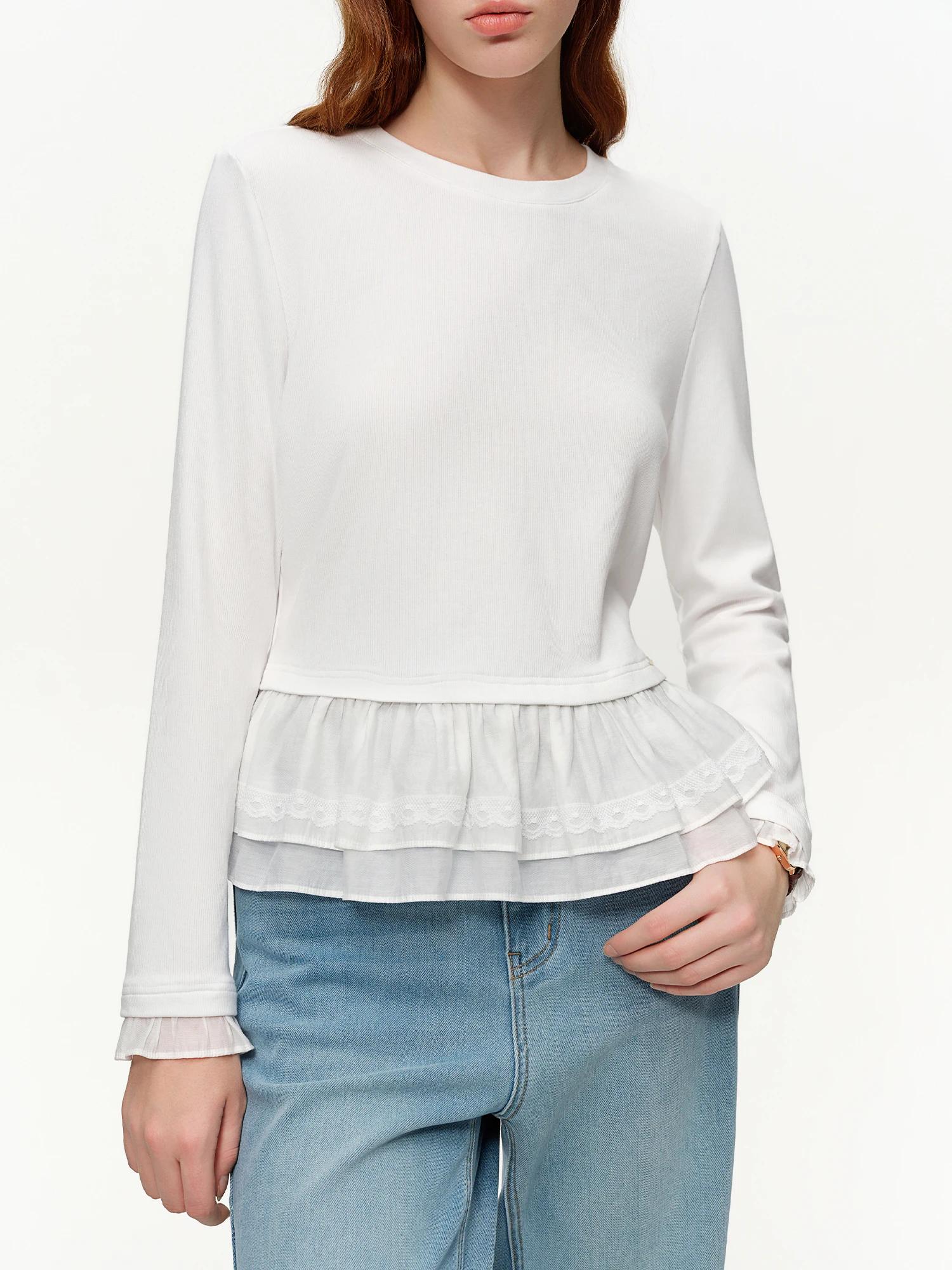 DUSHU – T-Shirt tricoté à col rond et bordure à volants pour femme, couche de Base à Texture côtelée