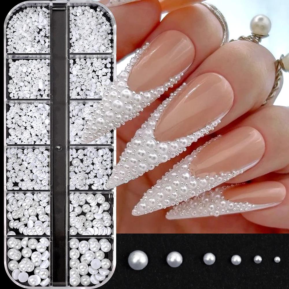 12 grilles de perles blanches 3D, breloques pour ongles, 1.5-5mm, perles rondes/demi-rondes, strass,