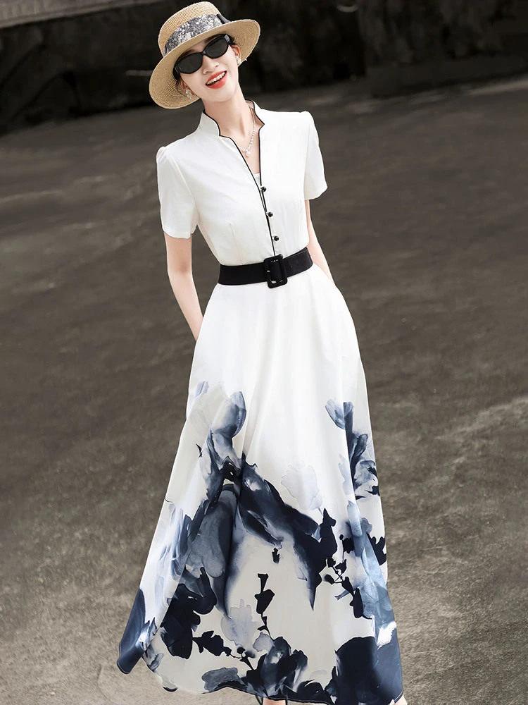 MEXCOCO 2026 Nouvelle collection été – Robe évasée élégante à manches courtes imprimé peinture à l'e