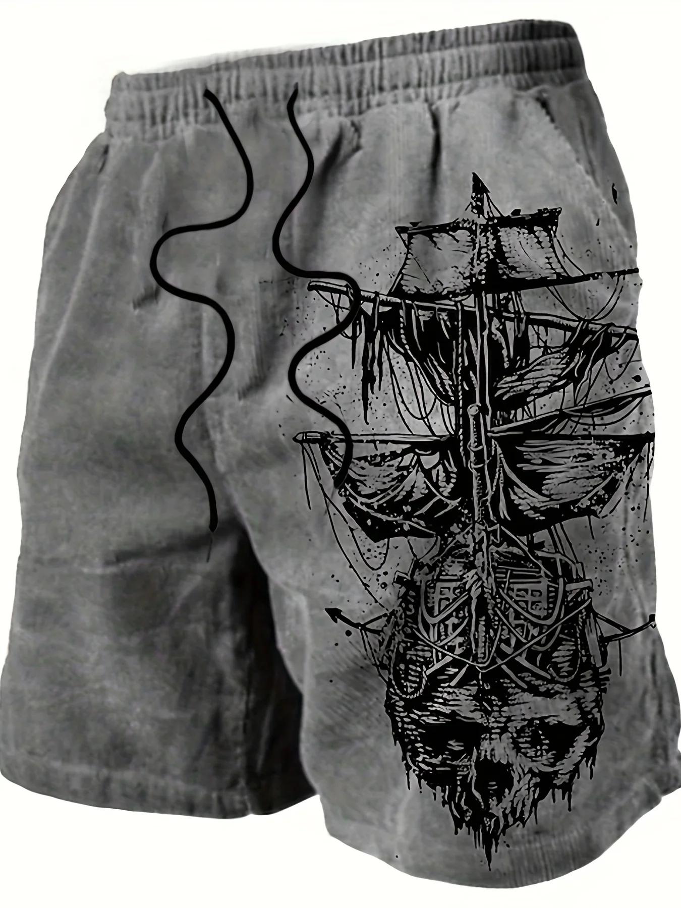 Short de bain pour hommes, séchage rapide, crâne de pirate, voilier, cordon de serrage, short de pla