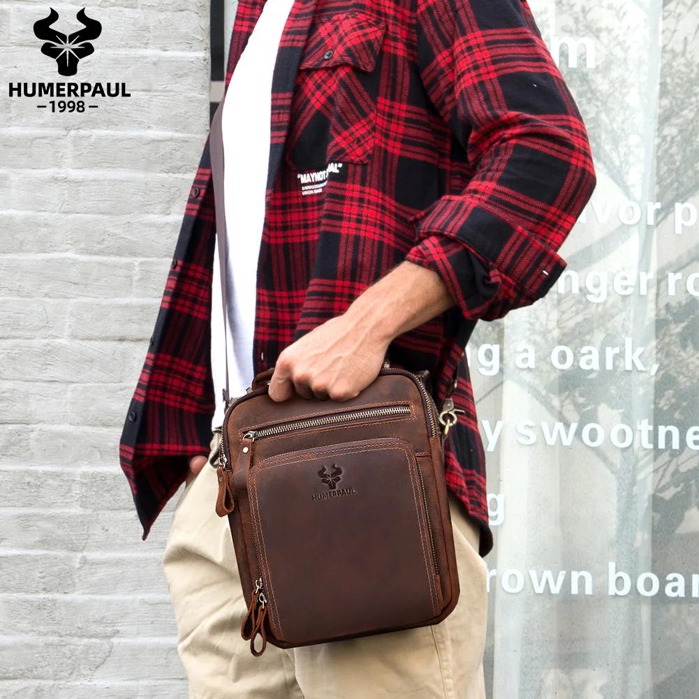 HUMERPAUL sac à bandoulière en cuir véritable pour hommes sacs croisés Vintage grande capacité mâle