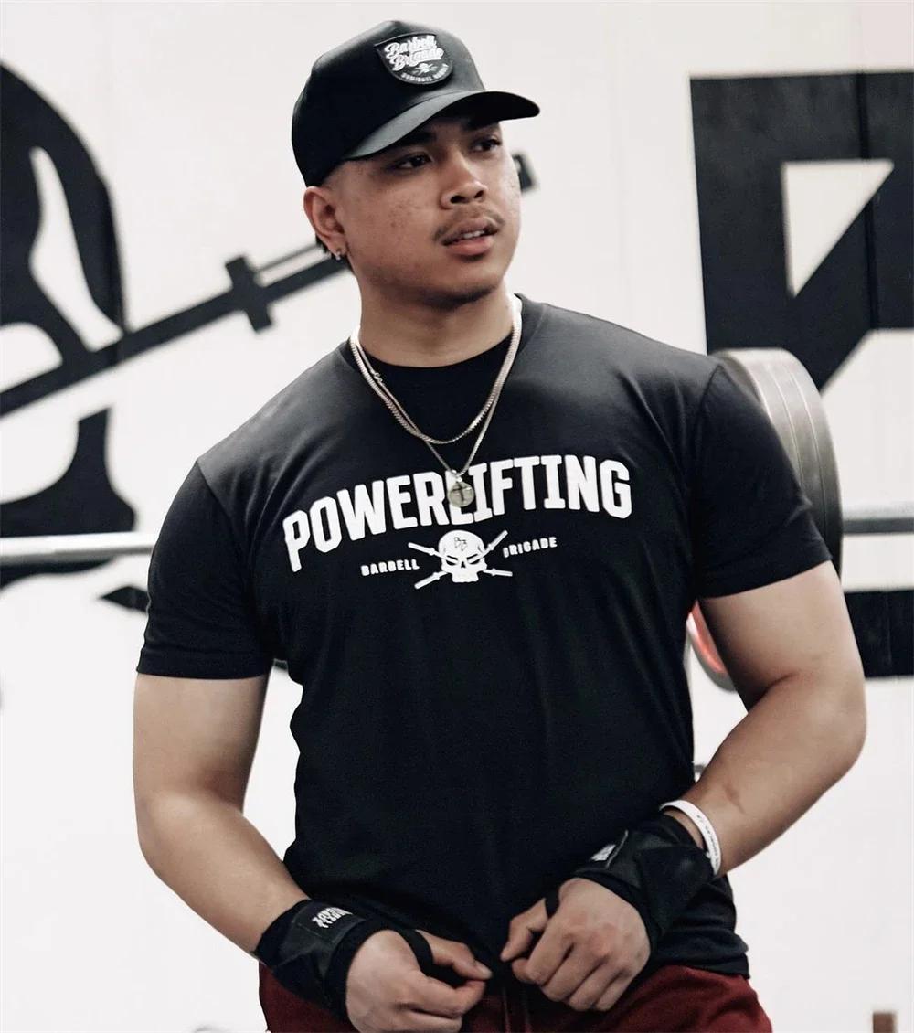 T-Shirt à manches courtes pour hommes, avec haltères, crâne, Fitness musculaire, entraînement, cours