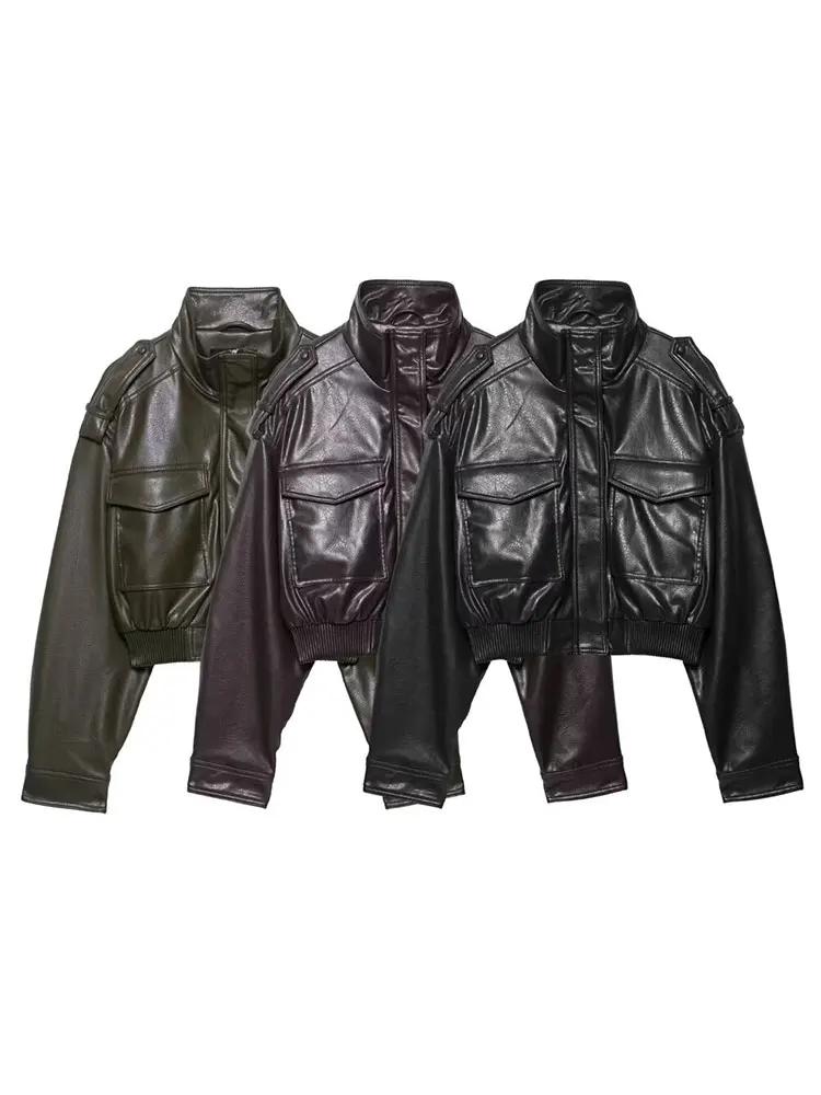 HH femmes Faux cuir recadrée veste vintage Bomber vestes avec poches à manches longues manteaux ferm