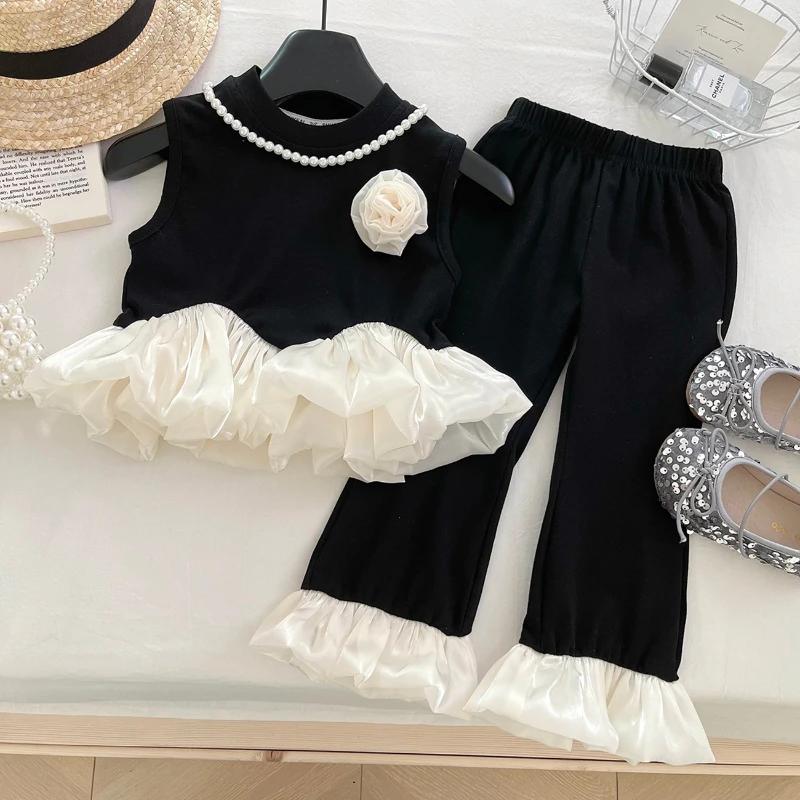 Costume d'été pour filles, couleur assortie, gilet sans manches + pantalon inférieur, ensemble deux