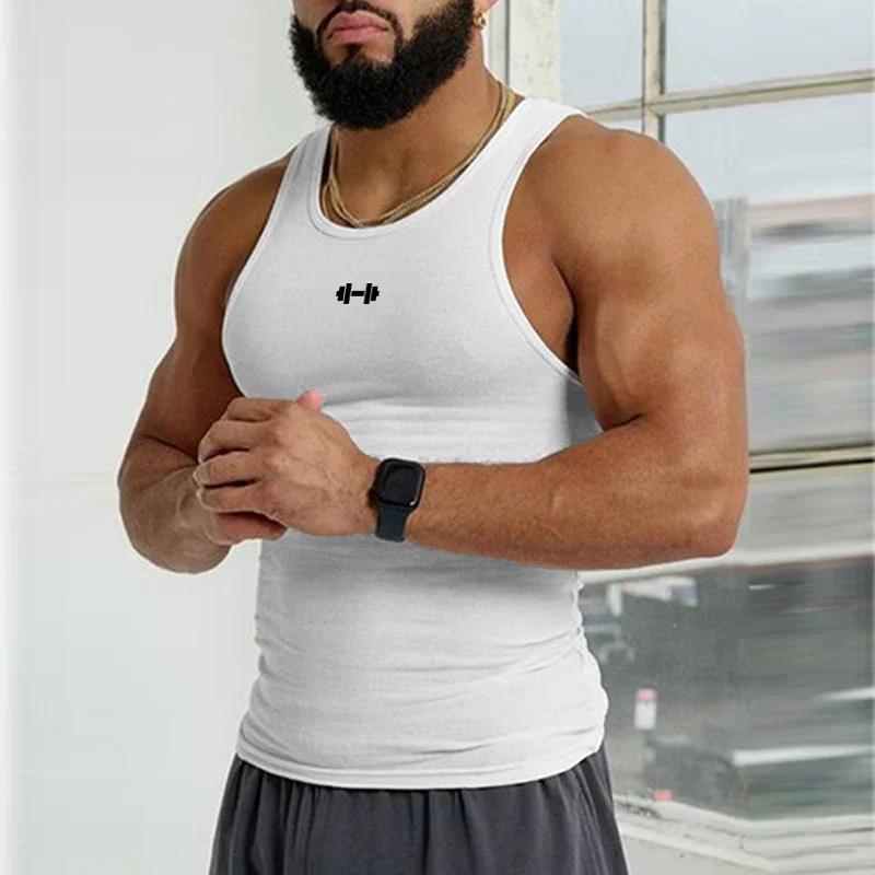 Vêtements de sport d'été pour hommes, gilets imprimés d'haltères de course, élastiques, Slim Fit, dé