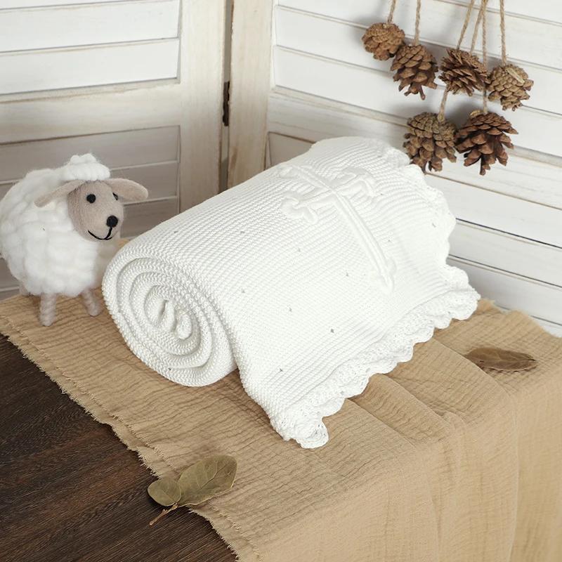 Couvertures de baptême pour bébé, 100x80cm, tricot doux en coton avec coutures croisées, pour nouvea