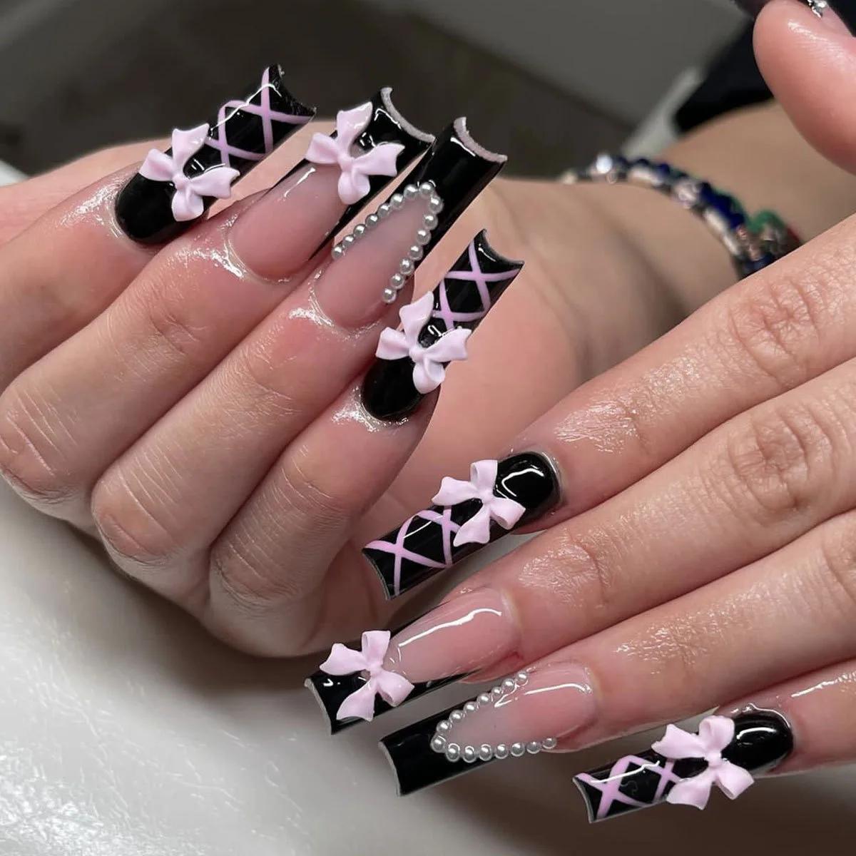 Faux ongles à bordure française dorée, longs cercueil, avec strass, ballerine, couverture complète,