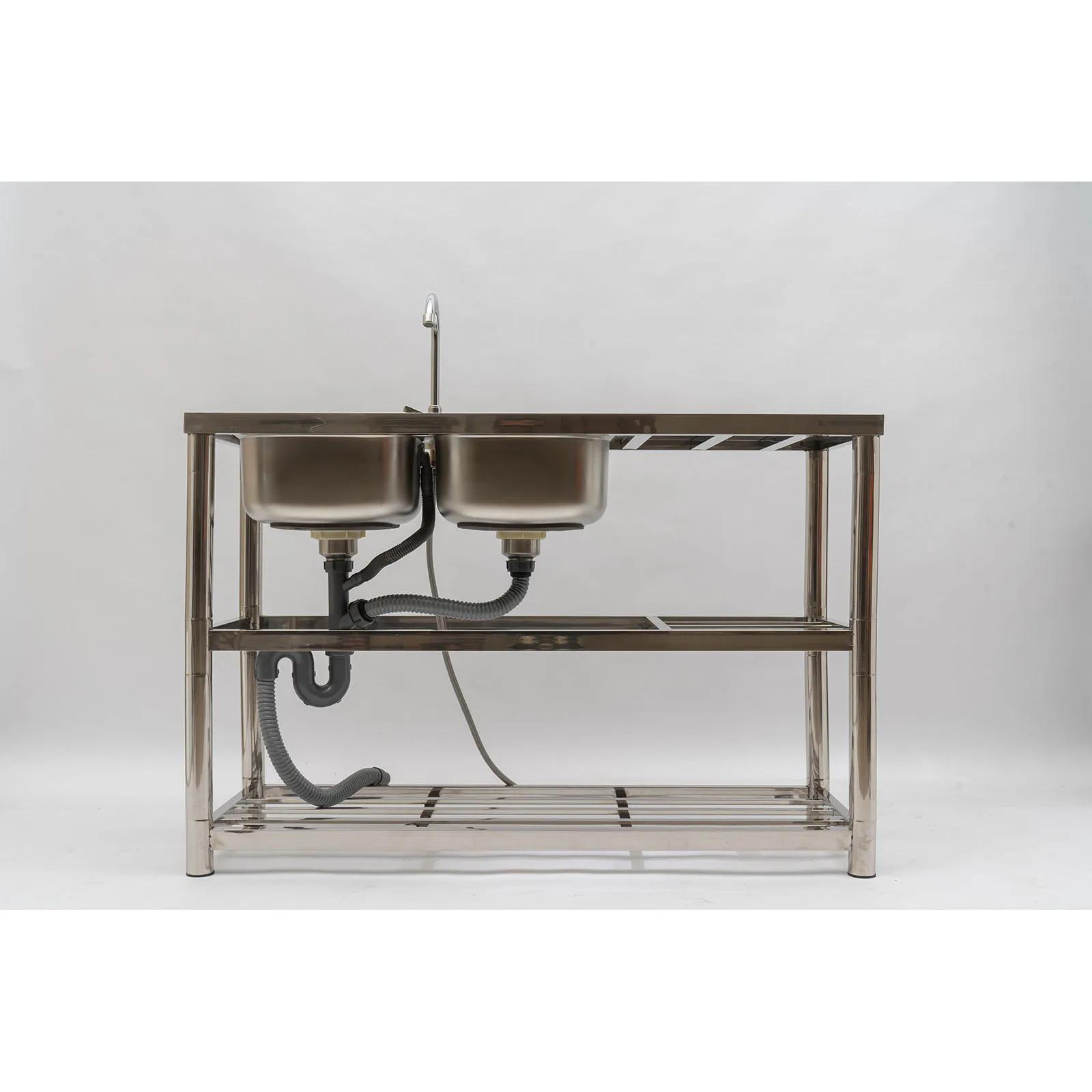 Évier utilitaire commercial en acier inoxydable, évier de cuisine à 2 compartiments avec table de pr
