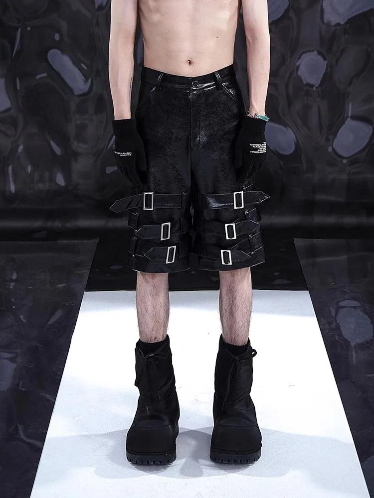Mauroicardi printemps été noir Pu cuir Shorts pour hommes avec de nombreuses ceintures hommes avec t
