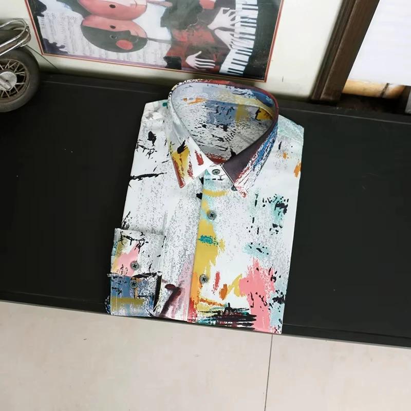 Chemise en polyester pour homme 2026 avec imprimé graffiti, manches longues, coupe ajustée, streetwe
