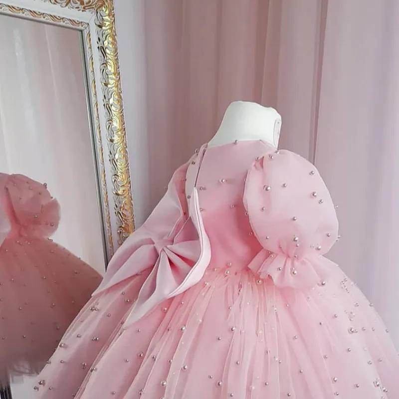 Robe de princesse tutu perlée pour bébé fille, manches bouffantes, nœud en tulle, vêtements de fête