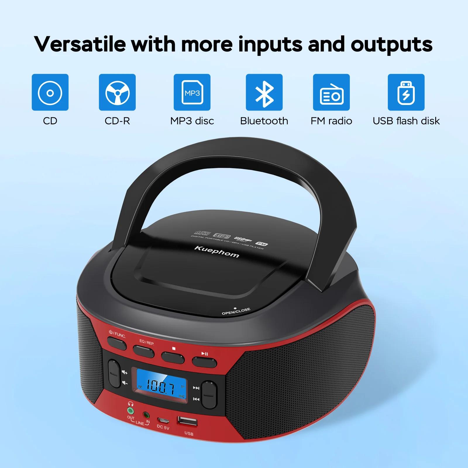 Boombox radio CD avec lecteur cd portable Bluetooth et USB avec EQ, alimentation AC et DC, affichage