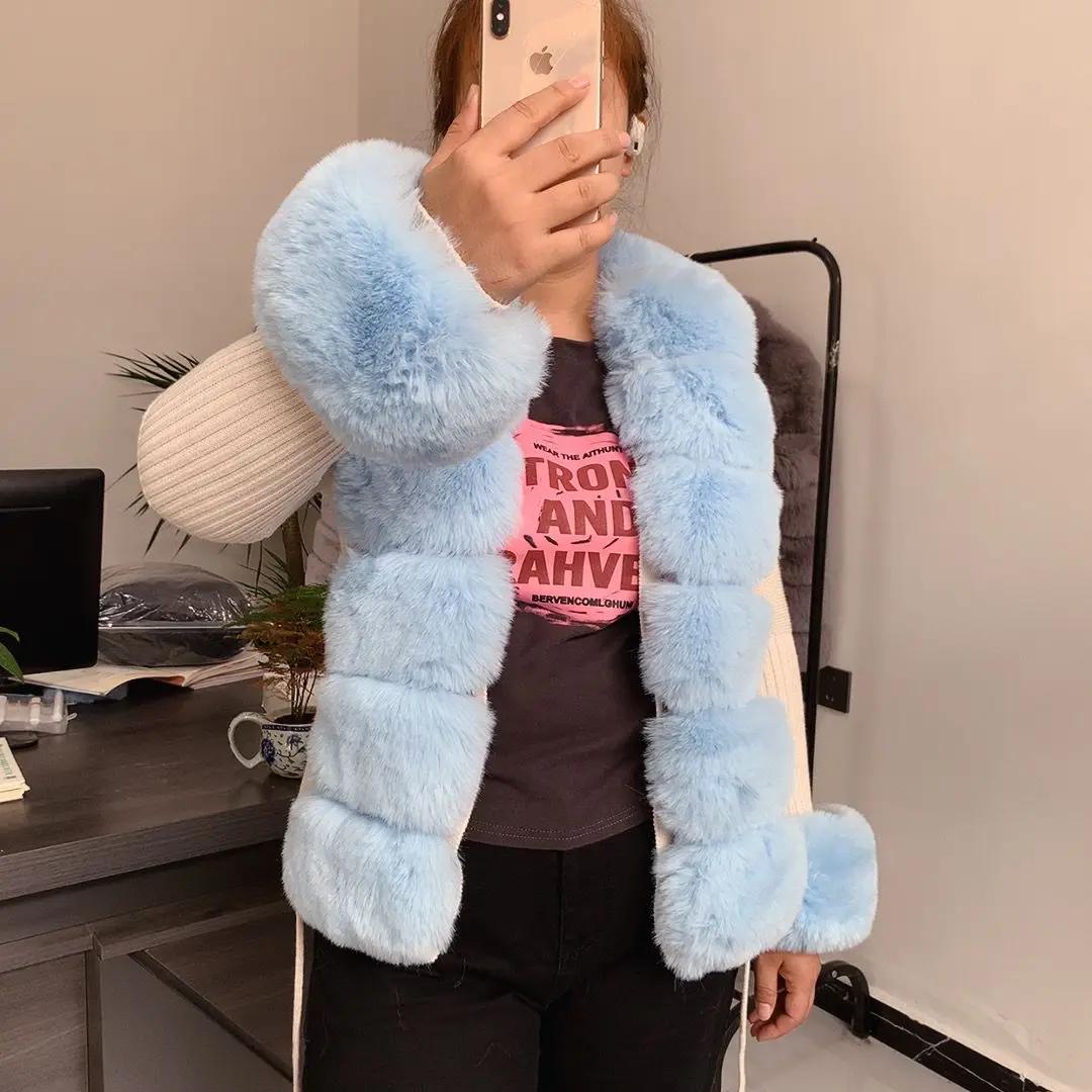 Femmes fausse fourrure tricot pull cardigan printemps automne élégant pull tricoté avec fausse fourr