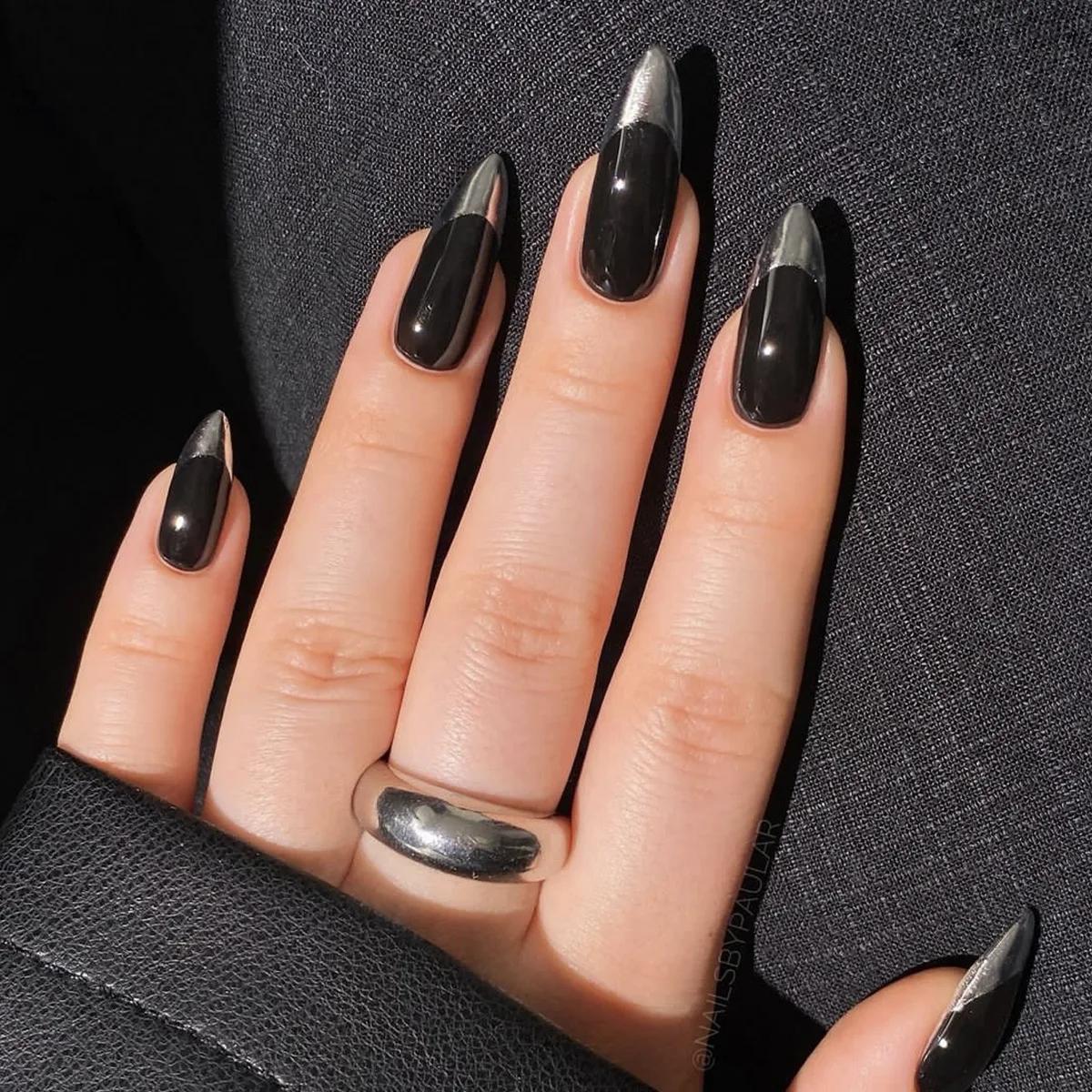 Ensemble de faux ongles noirs brillants, 24 pièces, pointes à pression, couleur unie, longs Stiletto