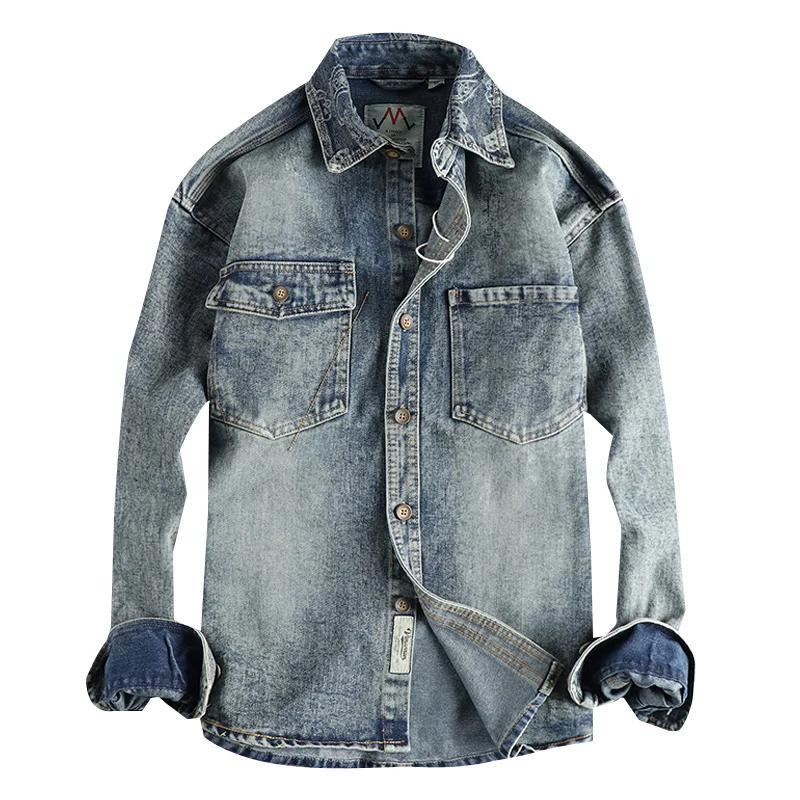 Manteau en denim rétro américain à manches longues pour hommes, revers, pur coton, lavé, vieux, mult