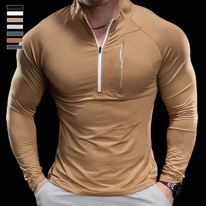 T-shirt à manches longues et col rond pour homme, vêtement de sport, de gymnastique, de course, d'en