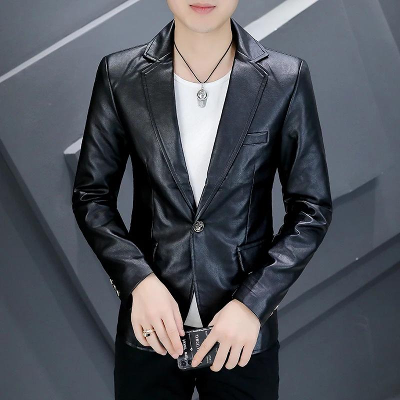 Veste de costume en cuir PU pour hommes, Slim, tendance coréenne, beau, décontracté, blazer de moto,
