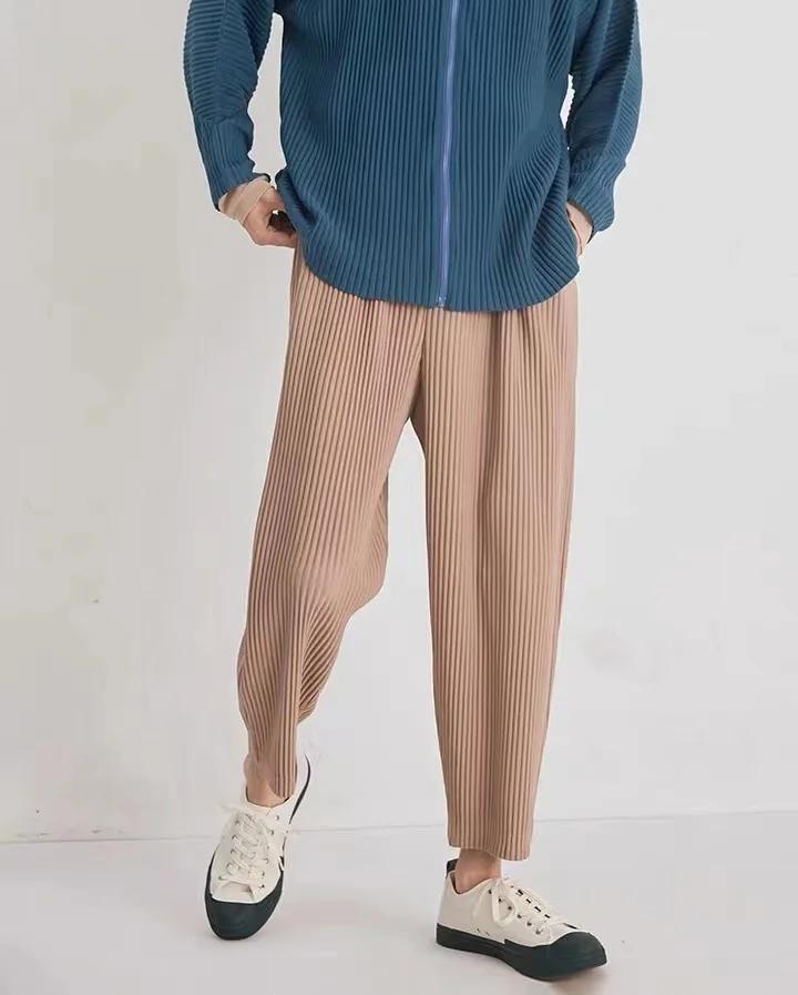 Miyake hommes été pantalon plissé décontracté plissé effilé neuf points pantalon cordon plissé confo