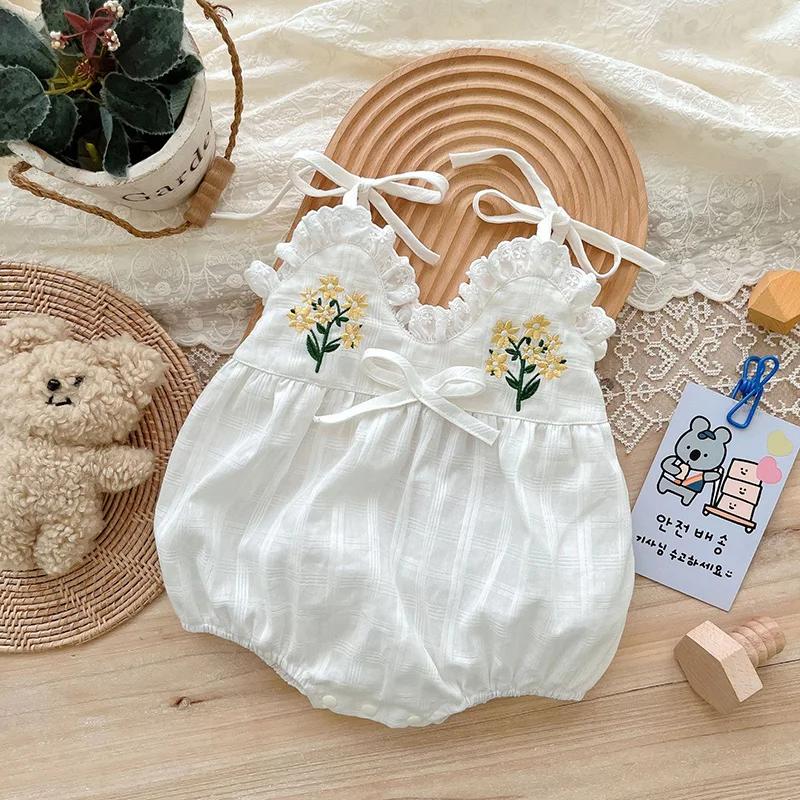 2025 été charmant sans manches nœud papillon fleur brodé infantile nouveau-né filles une pièce body