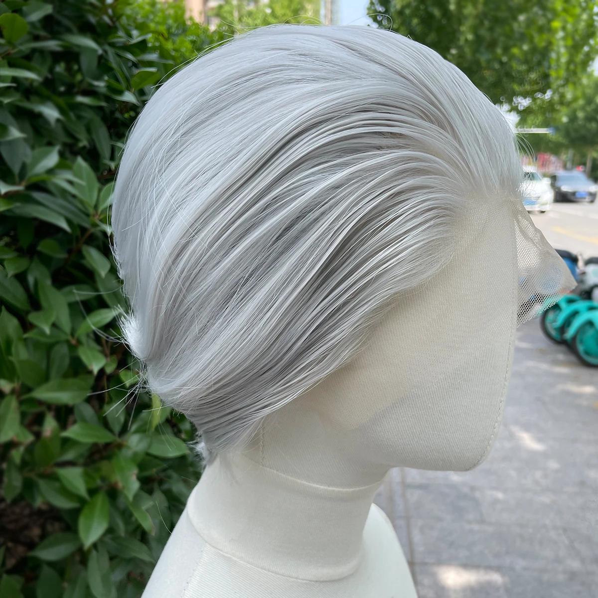 Perruque Lace Front Wig synthétique courte coupe Bob gris argenté, perruques de Cosplay pour hommes