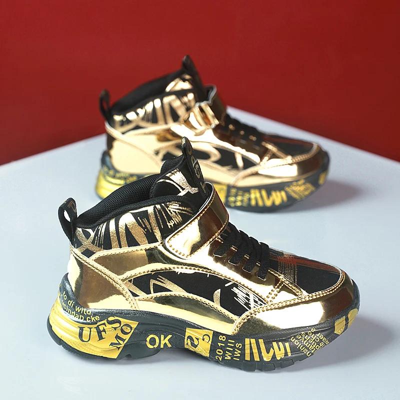 Nouveaux enfants espadrilles décontractées mode doré enfants chaussures basket-ball en cuir baskets