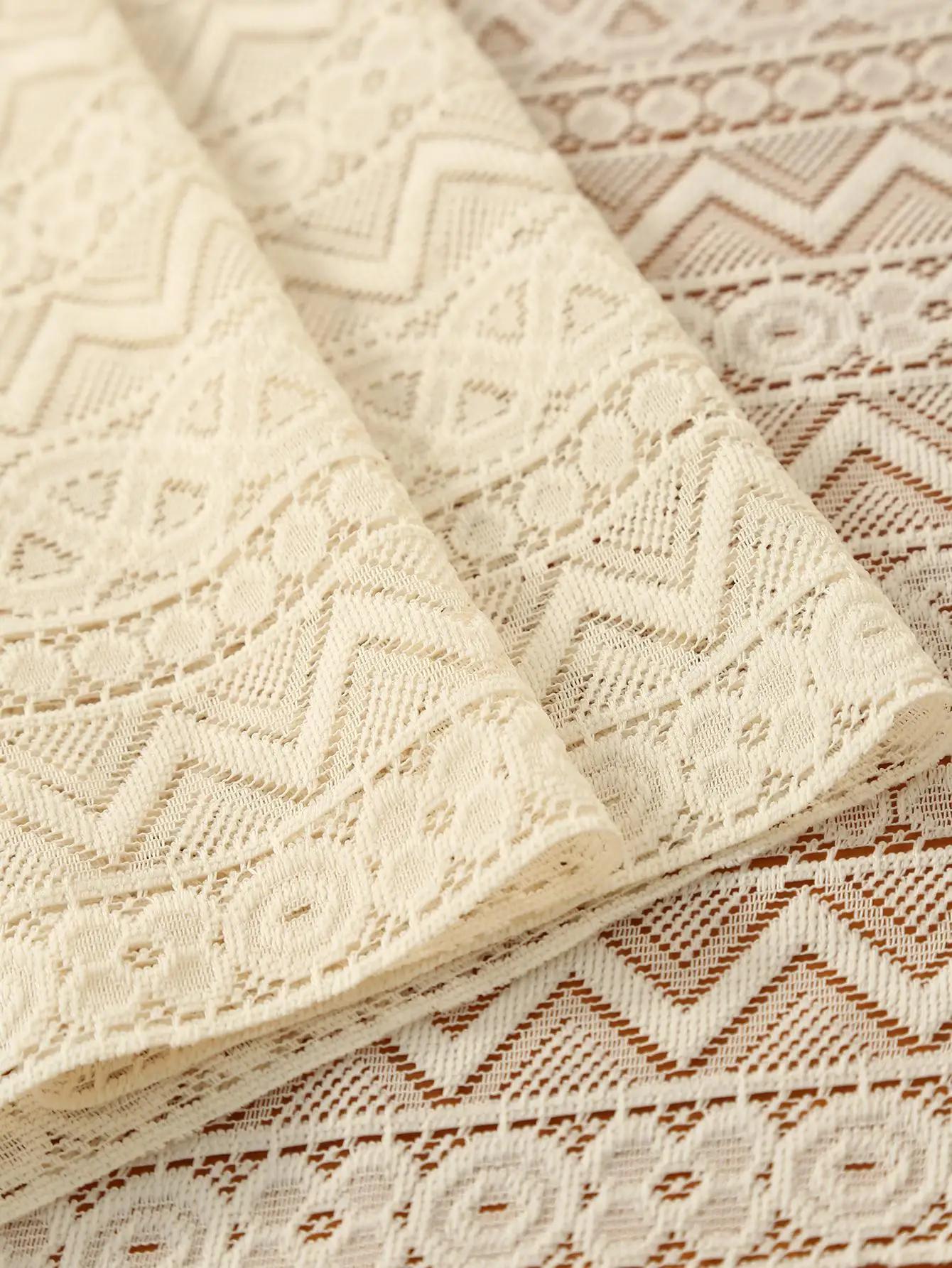 Chemin de Table Beige en dentelle et coton mélangé, tissu avec pompon pour décoration de Table basse