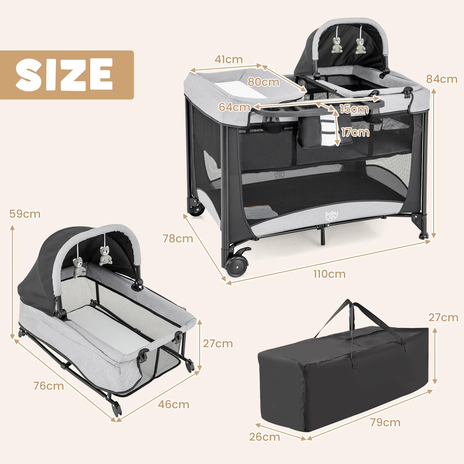Lit d'appoint 5 en 1 avec roulettes, lit de voyage pliable avec matelas, lit 2 niveaux avec matelas