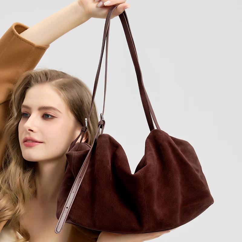 Sacs à main en cuir véritable Nuede naturel pour femmes, sac fourre-tout de grande capacité, sac de