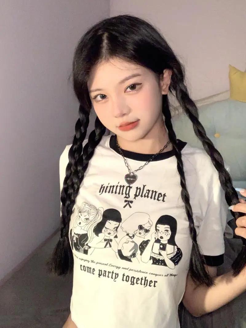 Haut court vintage à col rond pour femme, t-shirt à manches courtes, lettre imprimée, mode coréenne,