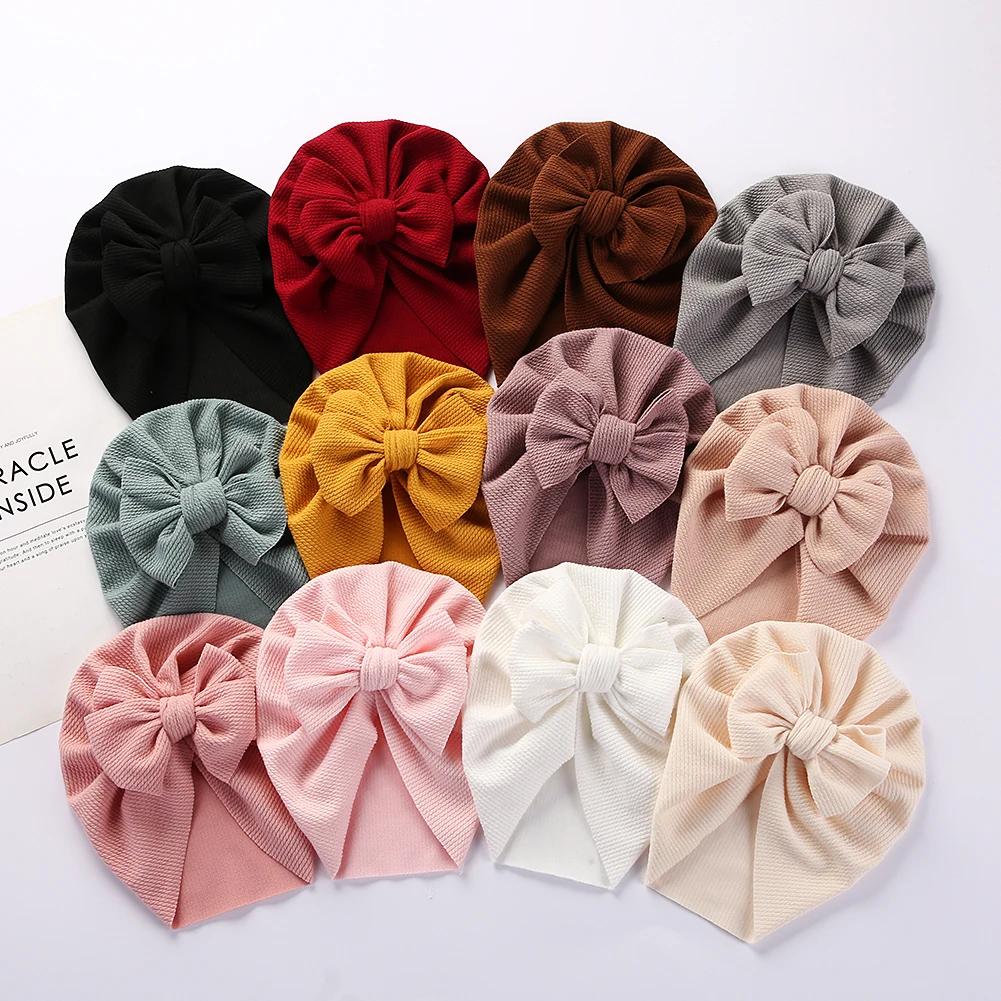 Turban côtelé texturé solide pour bébé, chapeaux avec nœud supérieur, pour nouveau-né, garçon et fil