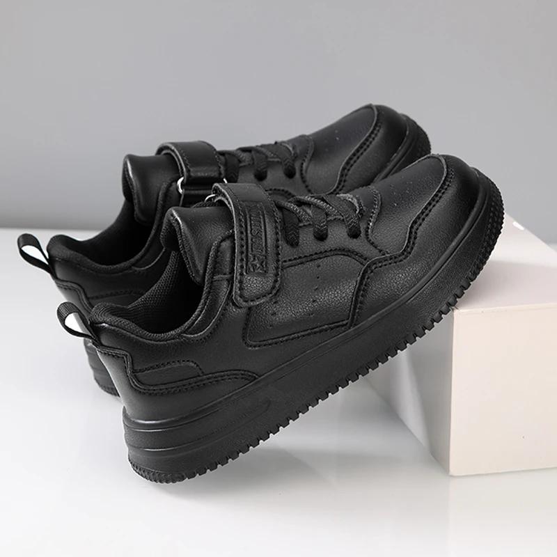 Baskets école garçons filles cuir confortables - Chaussures plates noires blanches antidérapantes pour marche