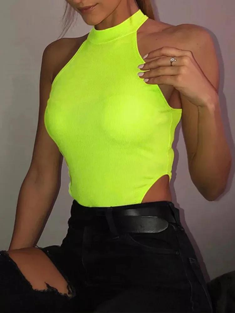 Sexy haute rue moulante néon body été coloré sans manches dos nu tenue de fitness Club fête Combinai